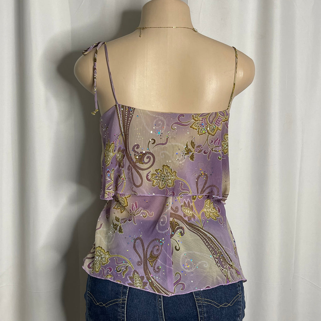 Purple floral paisley mesh camisole top with glittery details