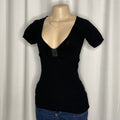 Black-short sleeved,ribbed,v-neck shirtband studded rhinestone bow embellishment at the chest