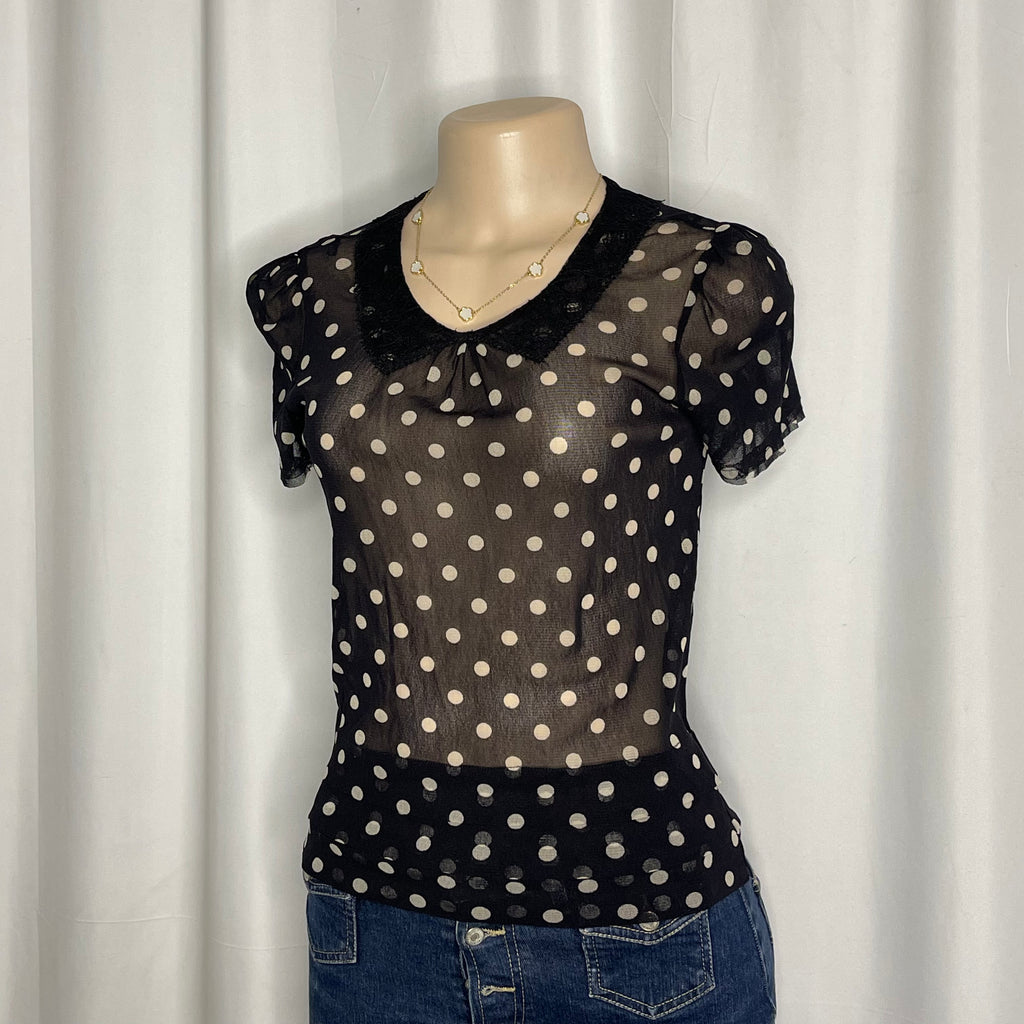 Black & white polka dot sheer blouse with lace Peter Pan collar