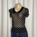 Black & white polka dot sheer blouse with lace Peter Pan collar