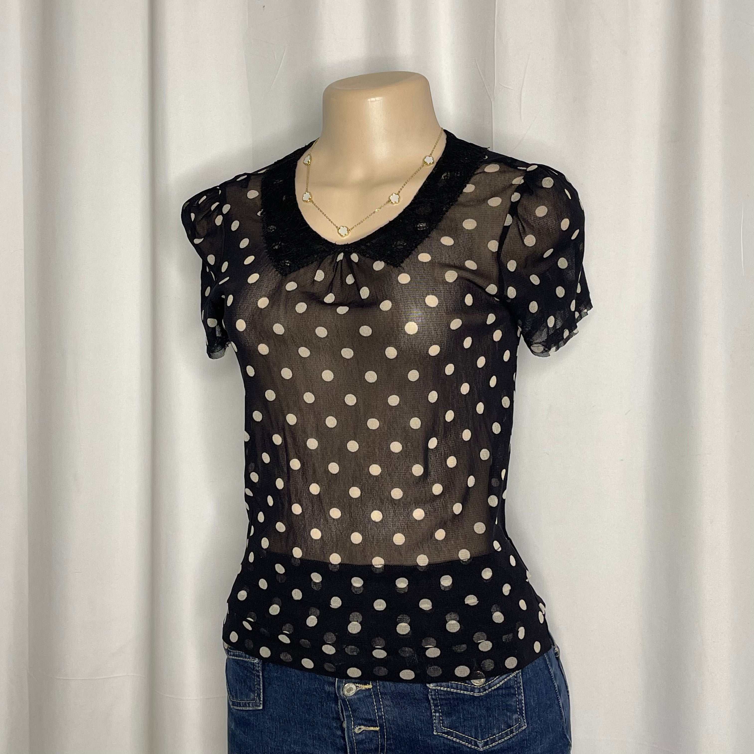 Black & white polka dot sheer blouse with lace Peter Pan collar