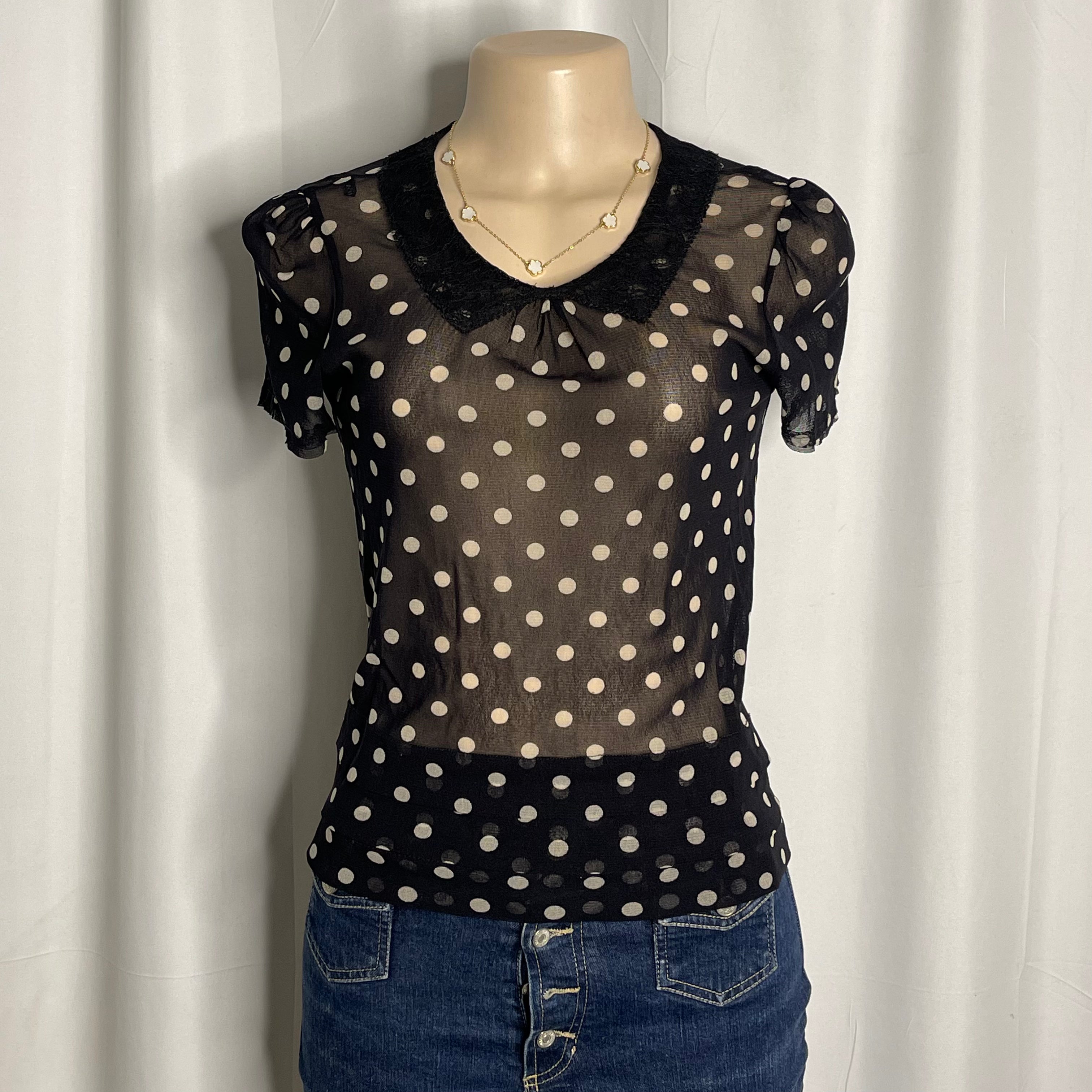 Black & white polka dot sheer blouse with lace Peter Pan collar