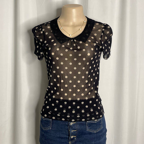 Black & white polka dot sheer blouse with lace Peter Pan collar