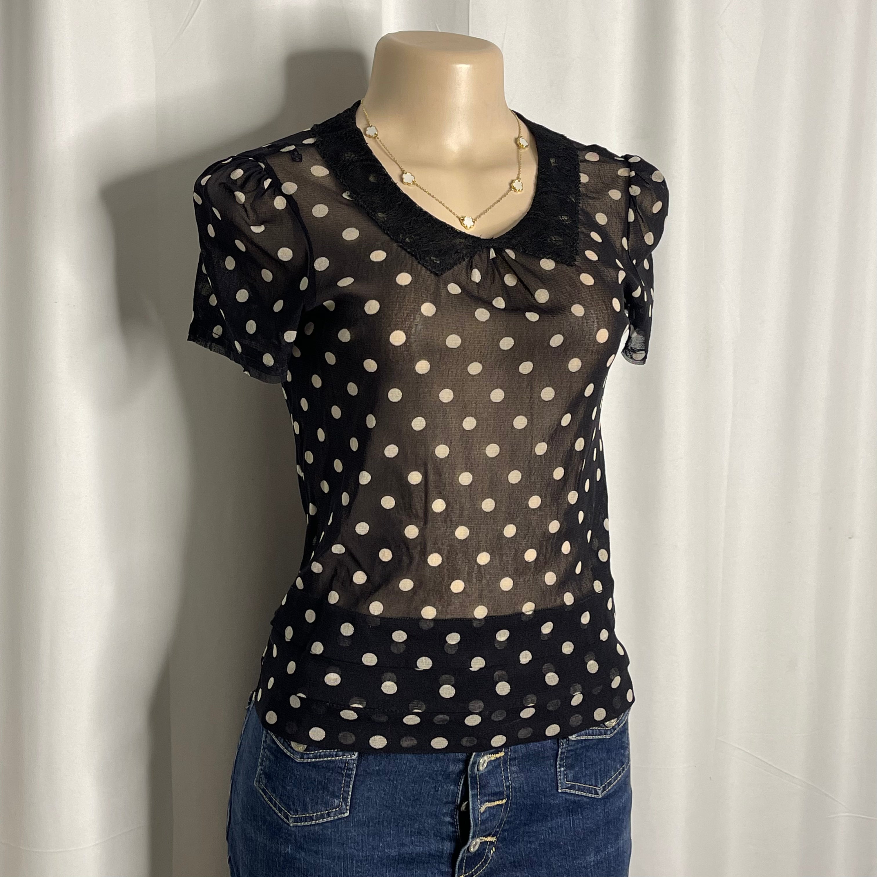 Black & white polka dot sheer blouse with lace Peter Pan collar