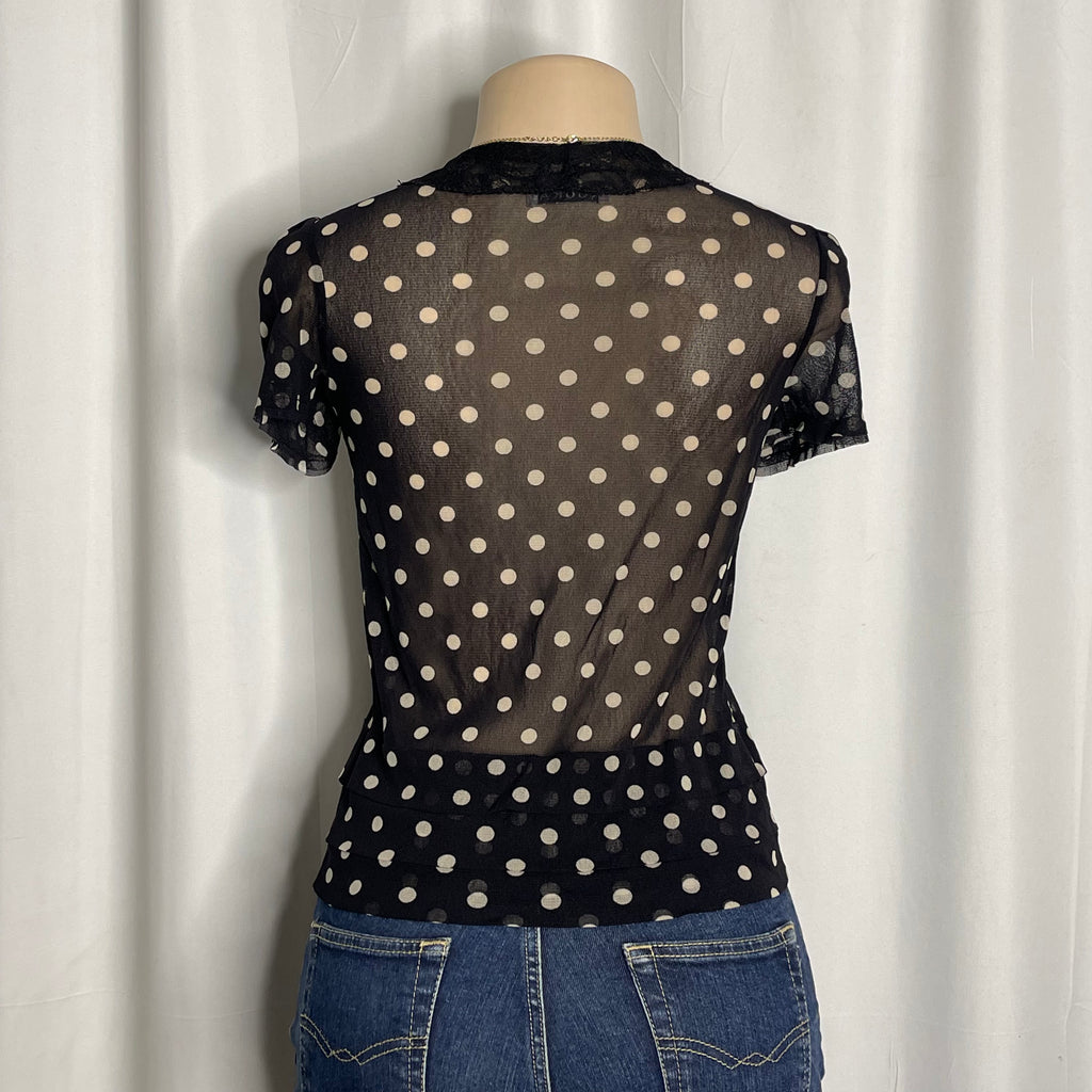 Black & white polka dot sheer blouse with lace Peter Pan collar