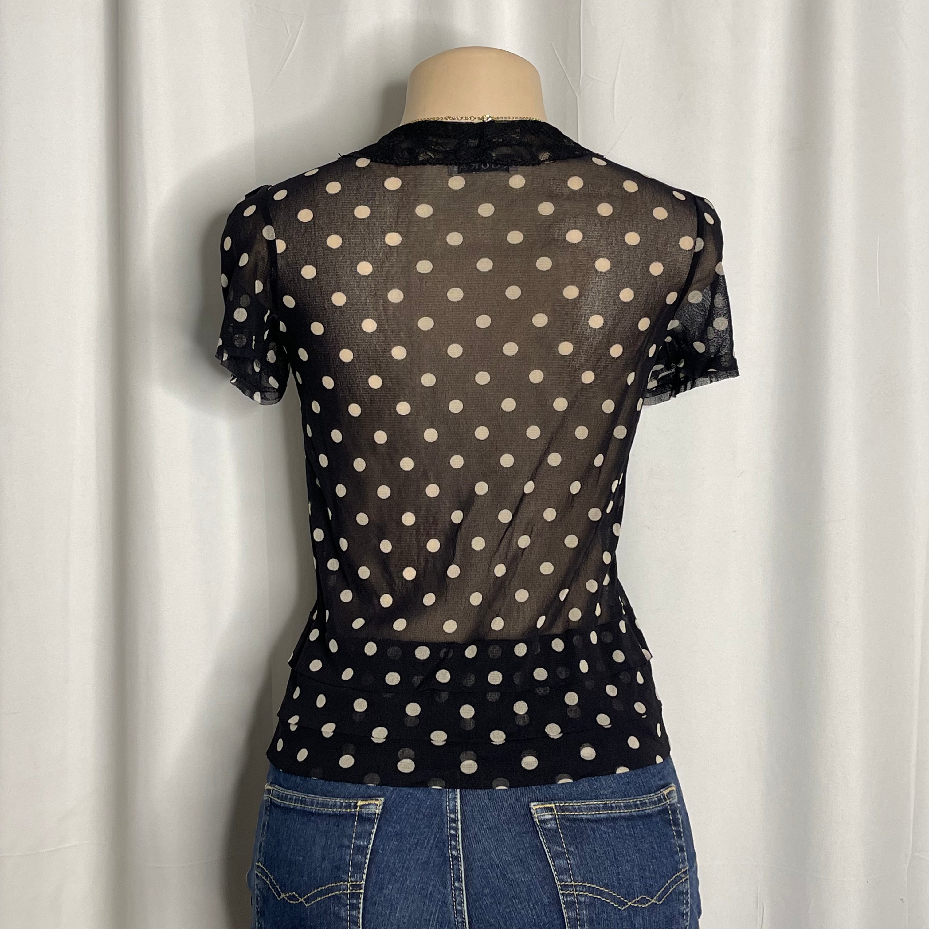 Black & white polka dot sheer blouse with lace Peter Pan collar