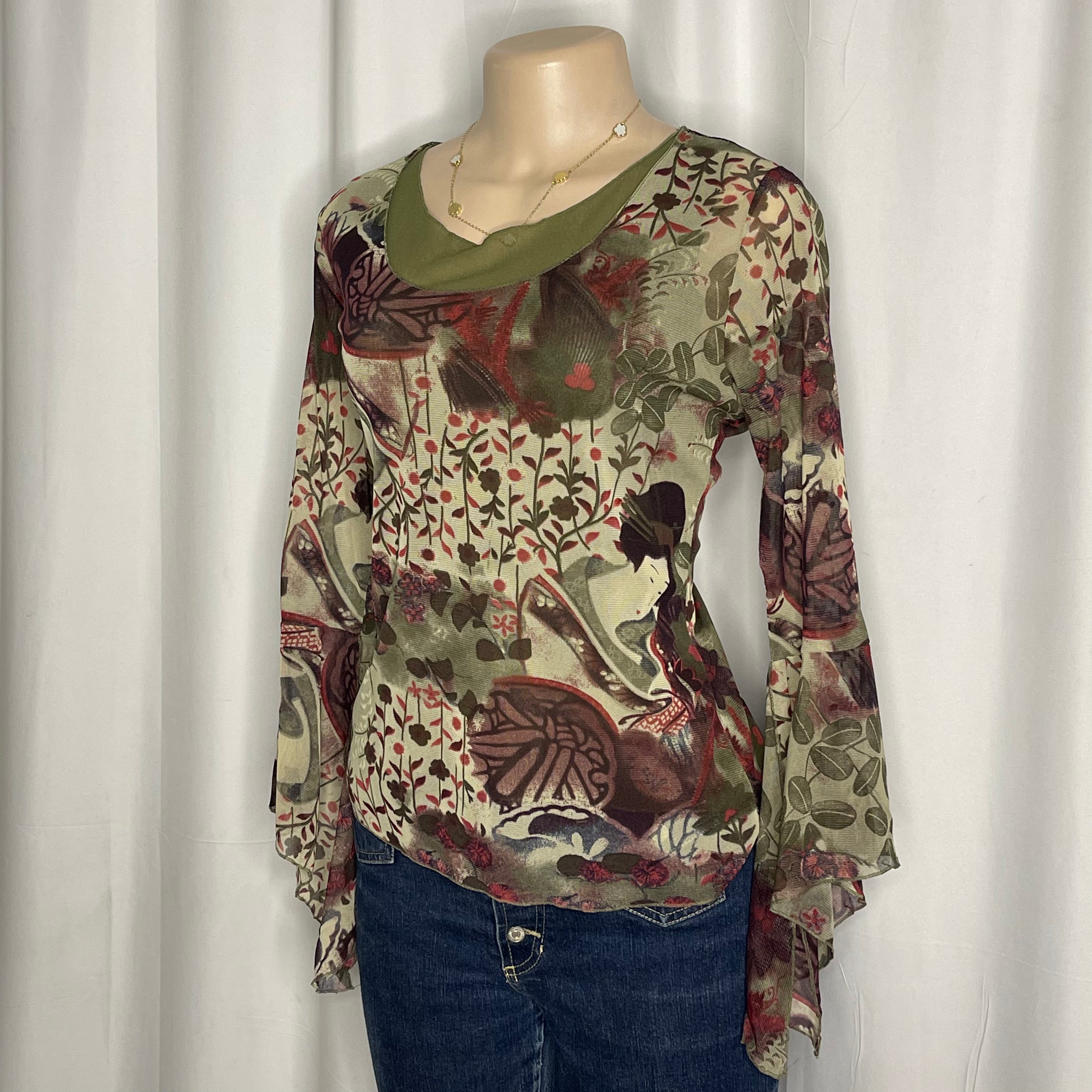 Vintage-y2k graphic design fairy core mesh top top with bell sleeves