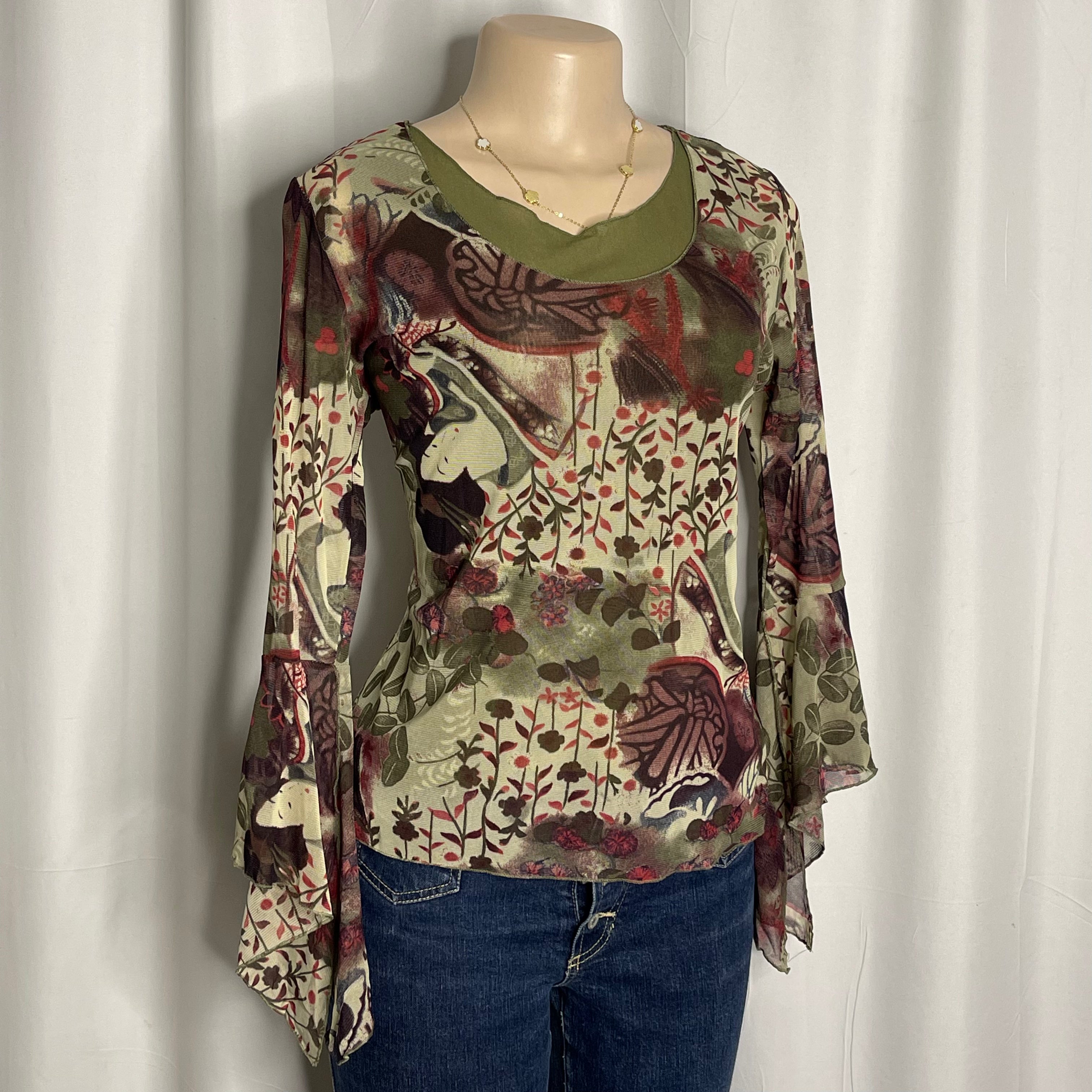 Vintage-y2k graphic design fairy core mesh top top with bell sleeves