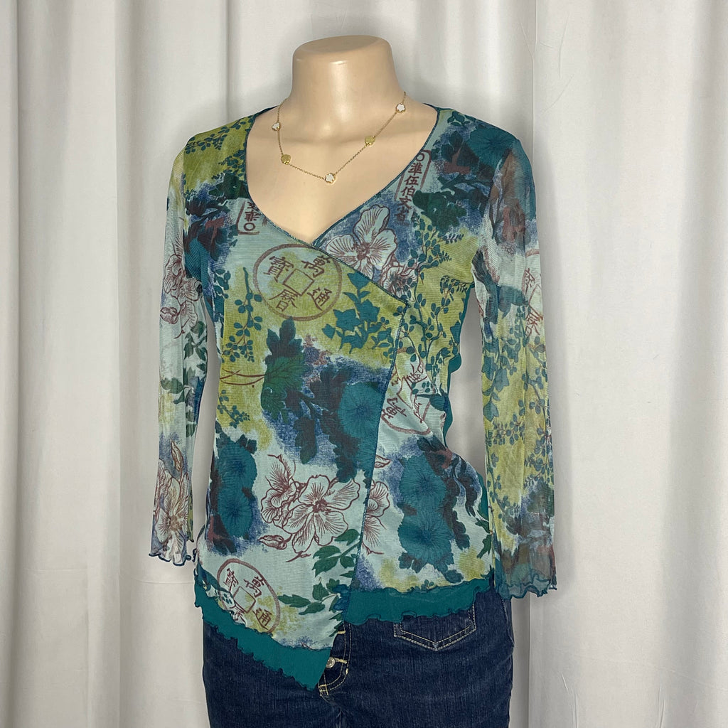 Vintage-Y2K style sheer mesh towpath floral and ancient graphic print
