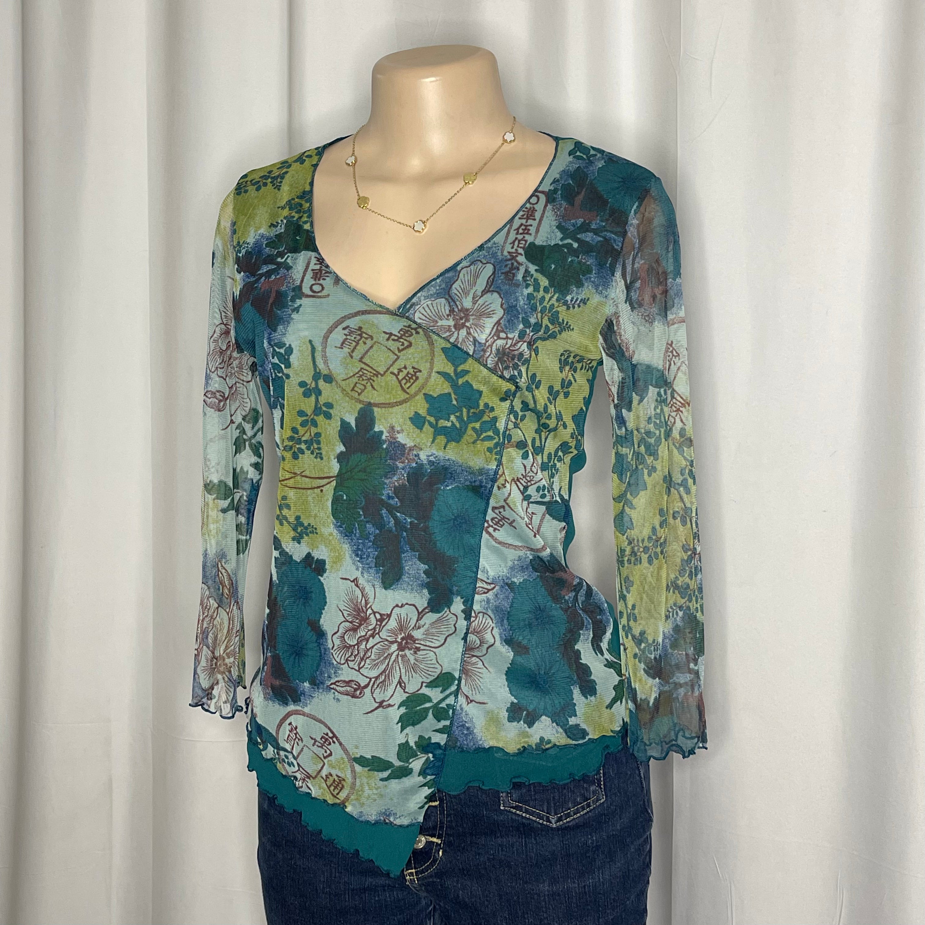 Vintage-Y2K style sheer mesh towpath floral and ancient graphic print