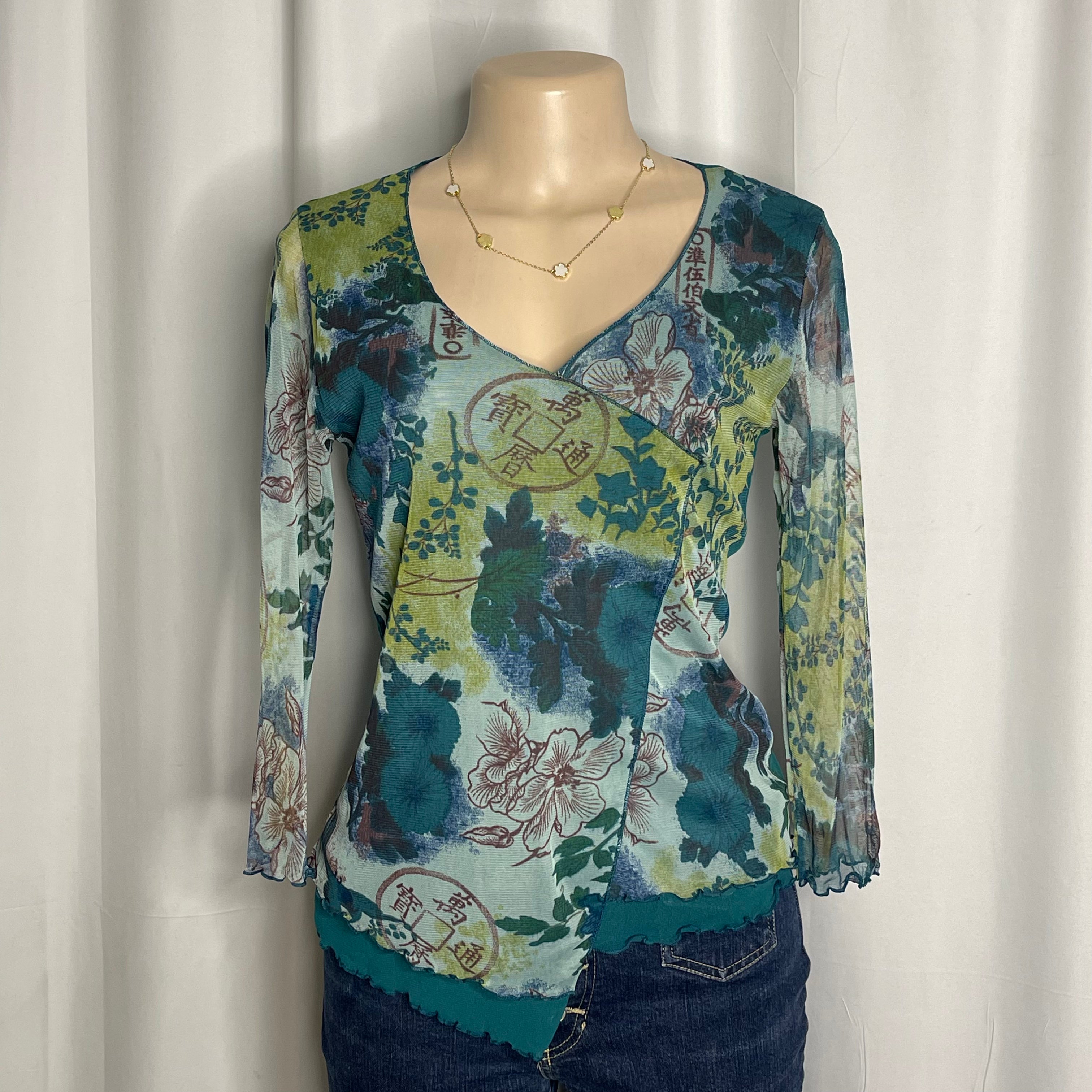 Vintage-Y2K style sheer mesh towpath floral and ancient graphic print