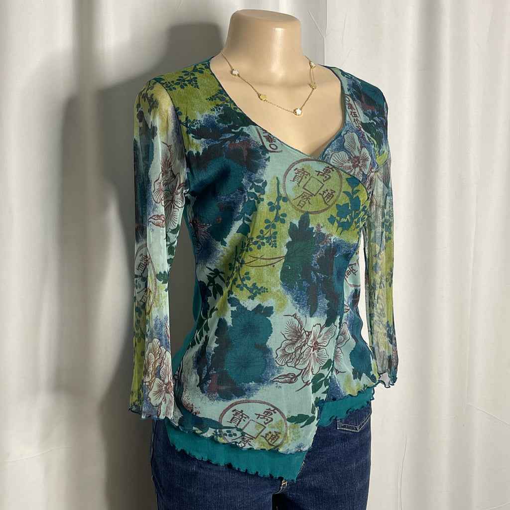 Vintage-Y2K style sheer mesh towpath floral and ancient graphic print