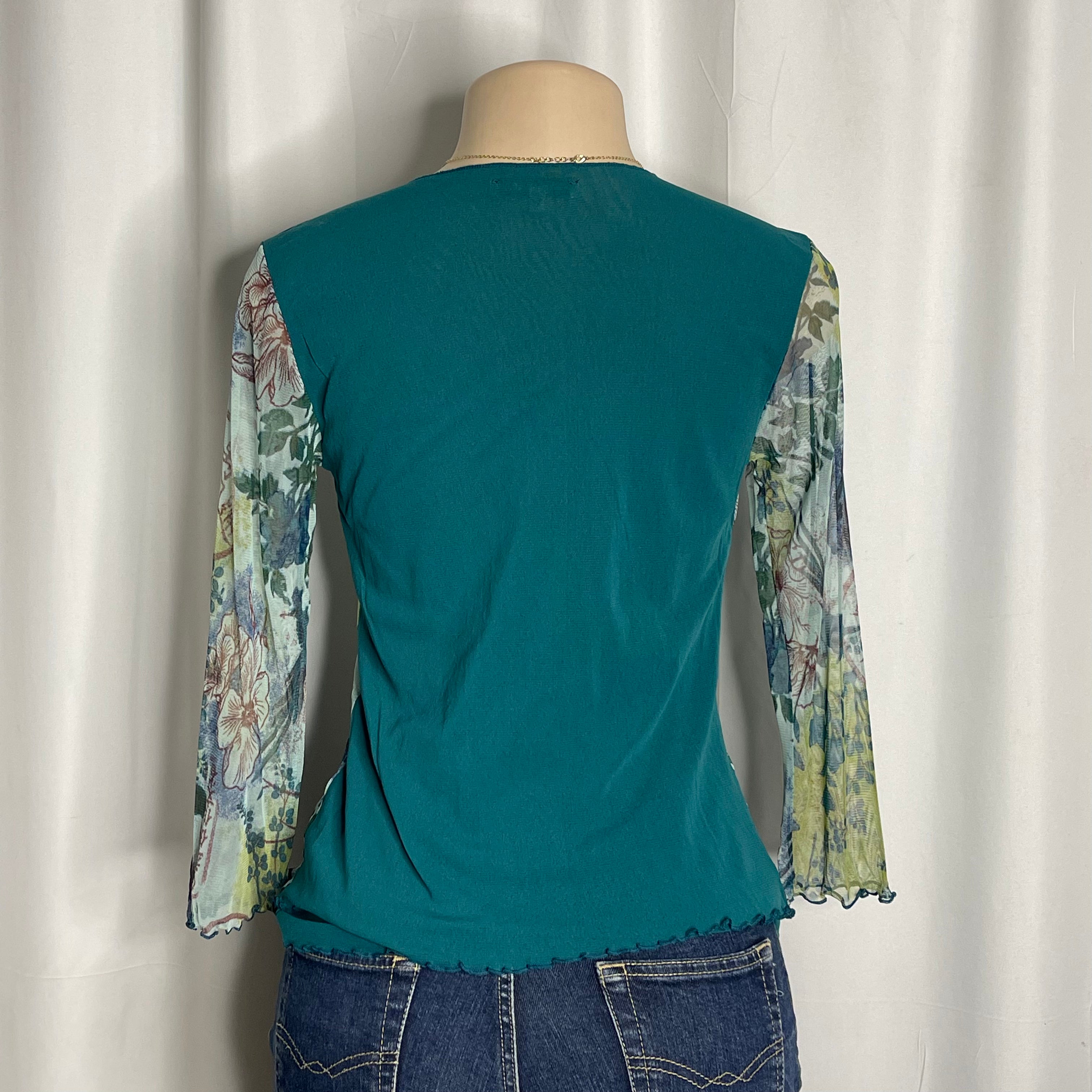 Vintage-Y2K style sheer mesh towpath floral and ancient graphic print