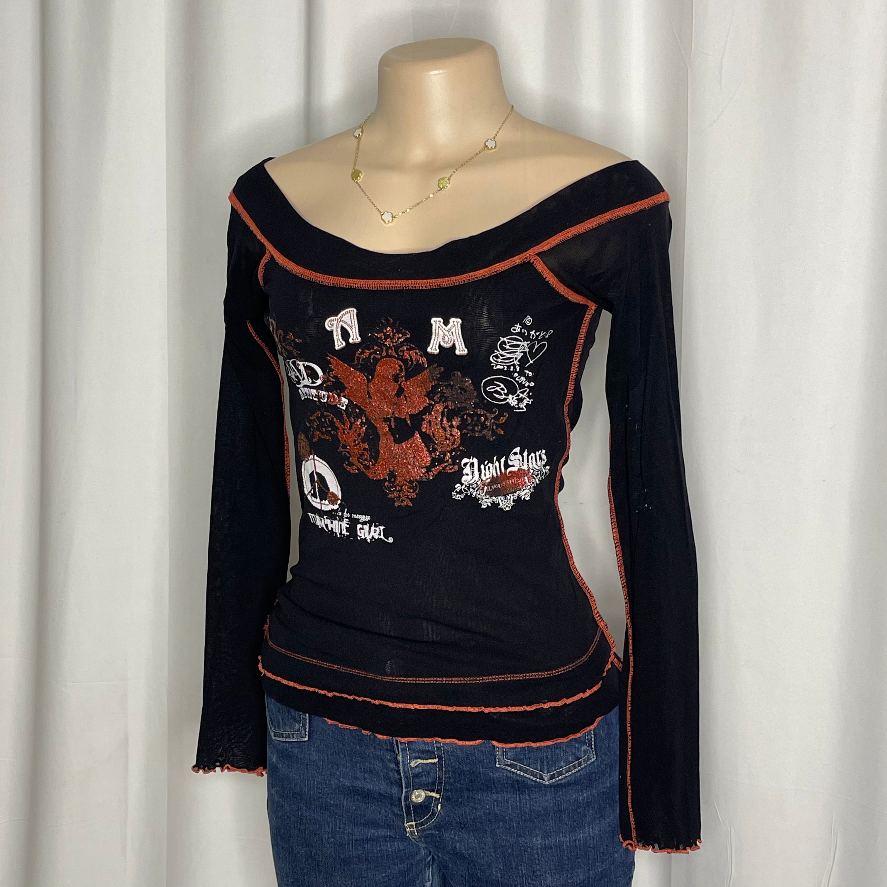 Graphic design off shoulder long sleeves mesh top
