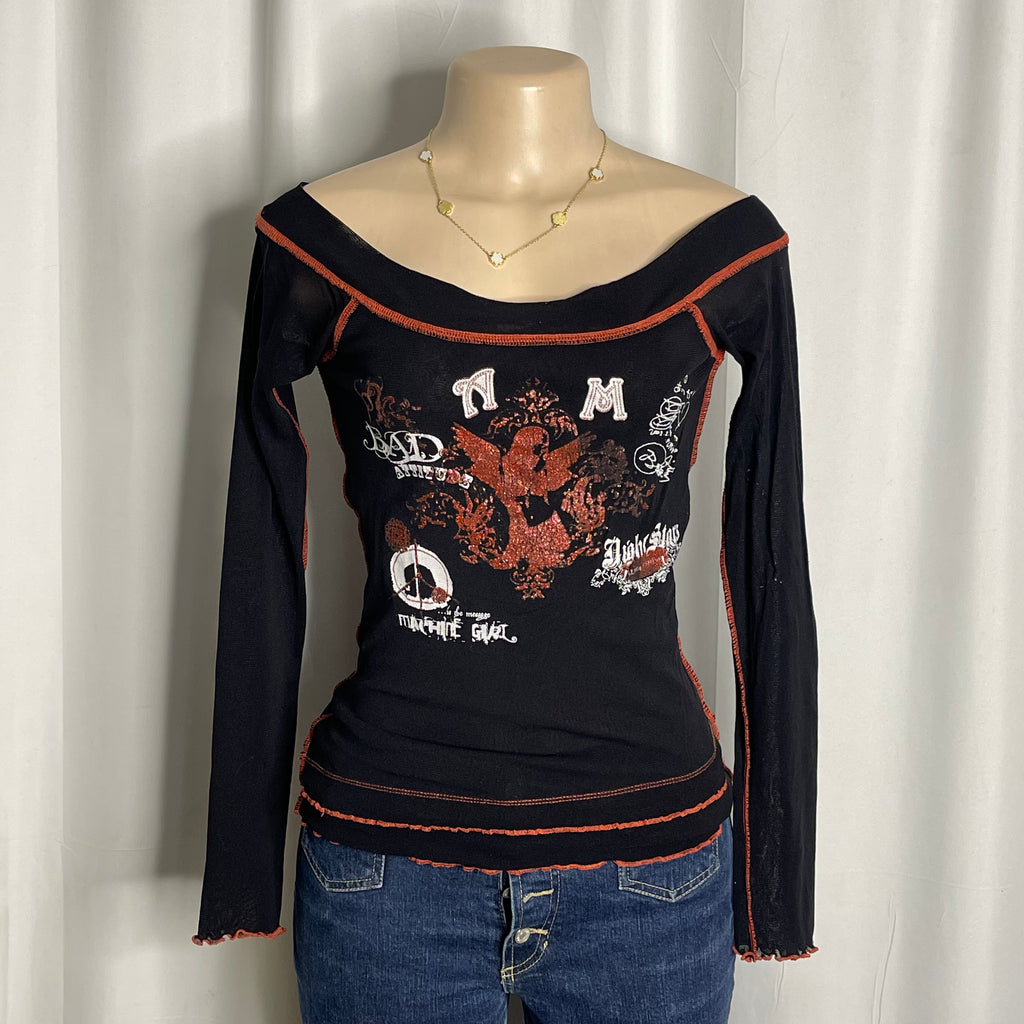 Graphic design off shoulder long sleeves mesh top