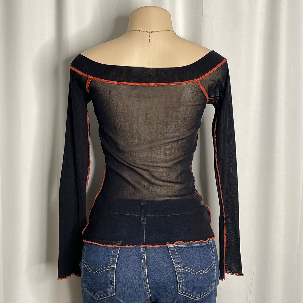 Graphic design off shoulder long sleeves mesh top