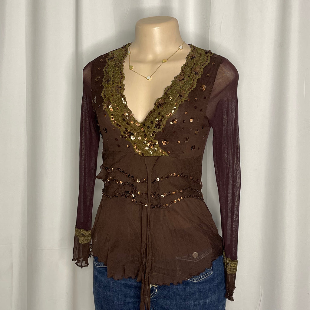 Y2K-style brown long sleeved top featuring intricate sequin embellishments v-neckline