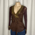 Y2K-style brown long sleeved top featuring intricate sequin embellishments v-neckline