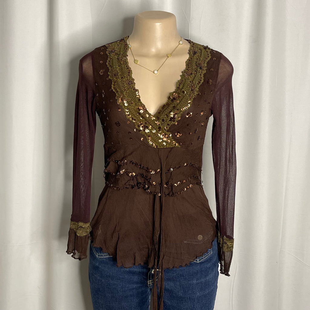 Y2K-style brown long sleeved top featuring intricate sequin embellishments v-neckline