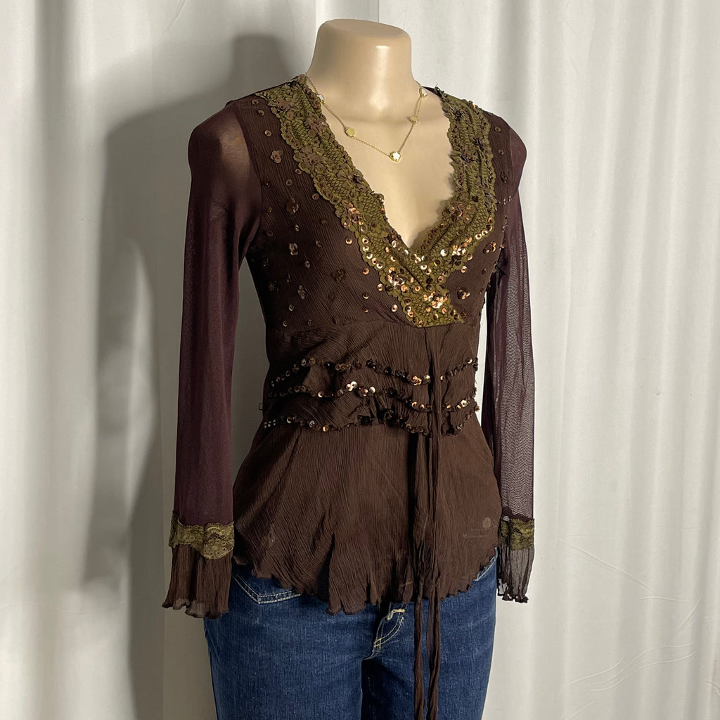 Y2K-style brown long sleeved top featuring intricate sequin embellishments v-neckline