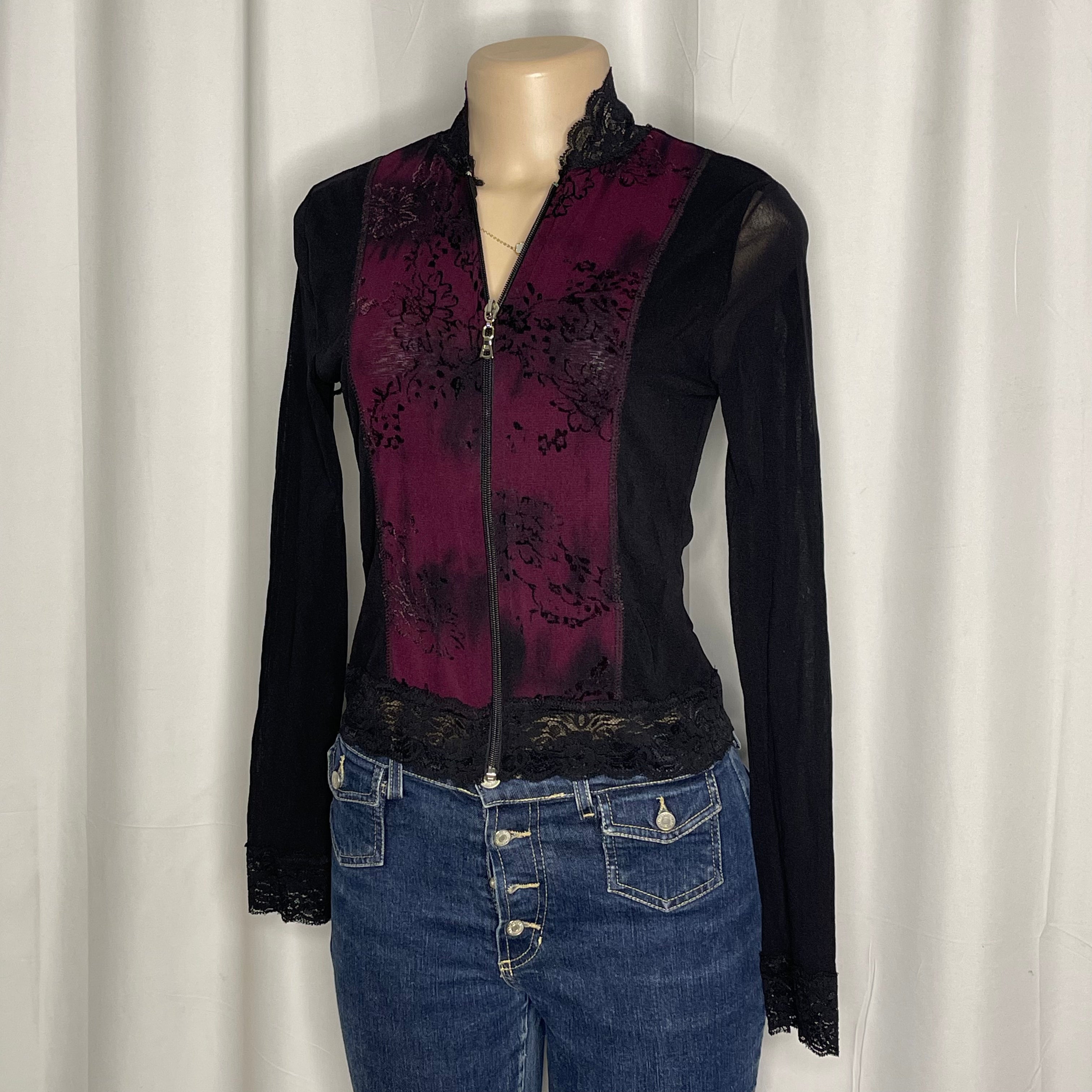 Purple and black lace accented zip up mesh top