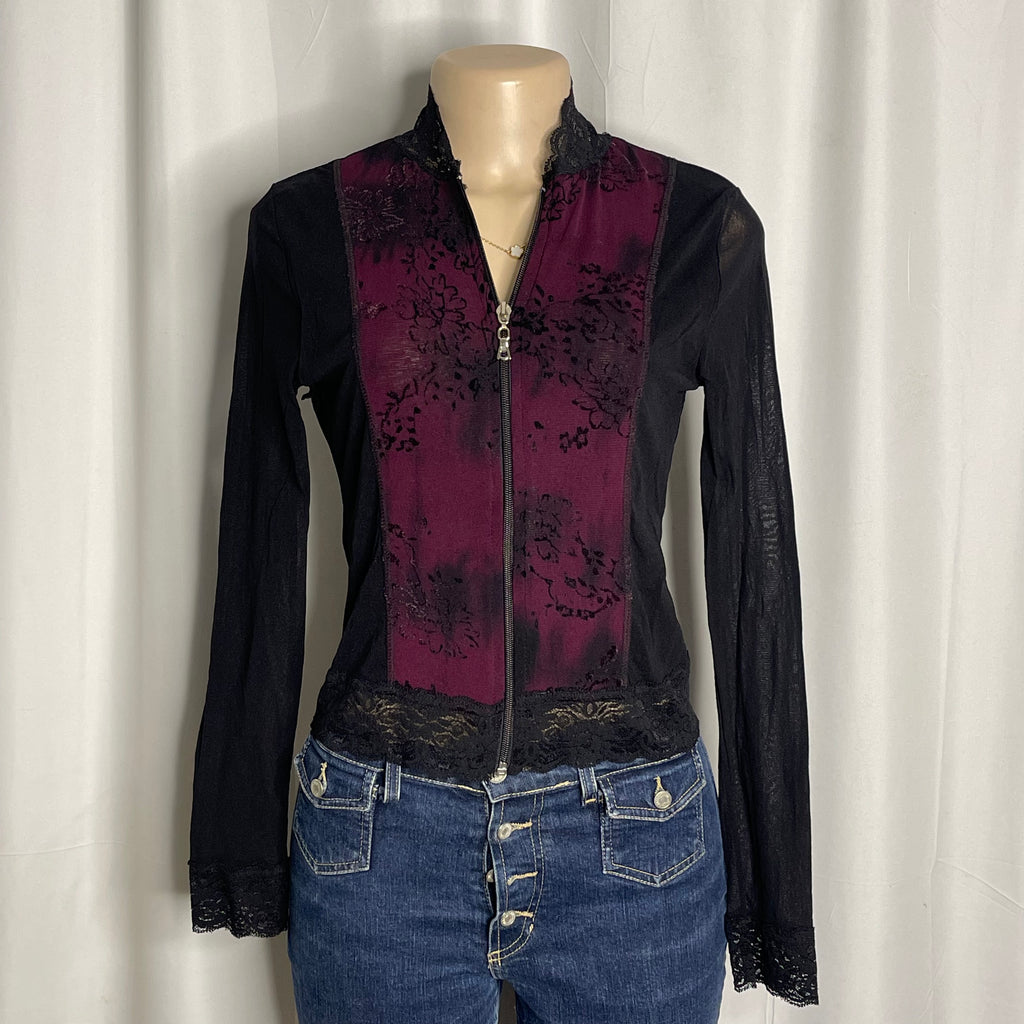 Purple and black lace accented zip up mesh top
