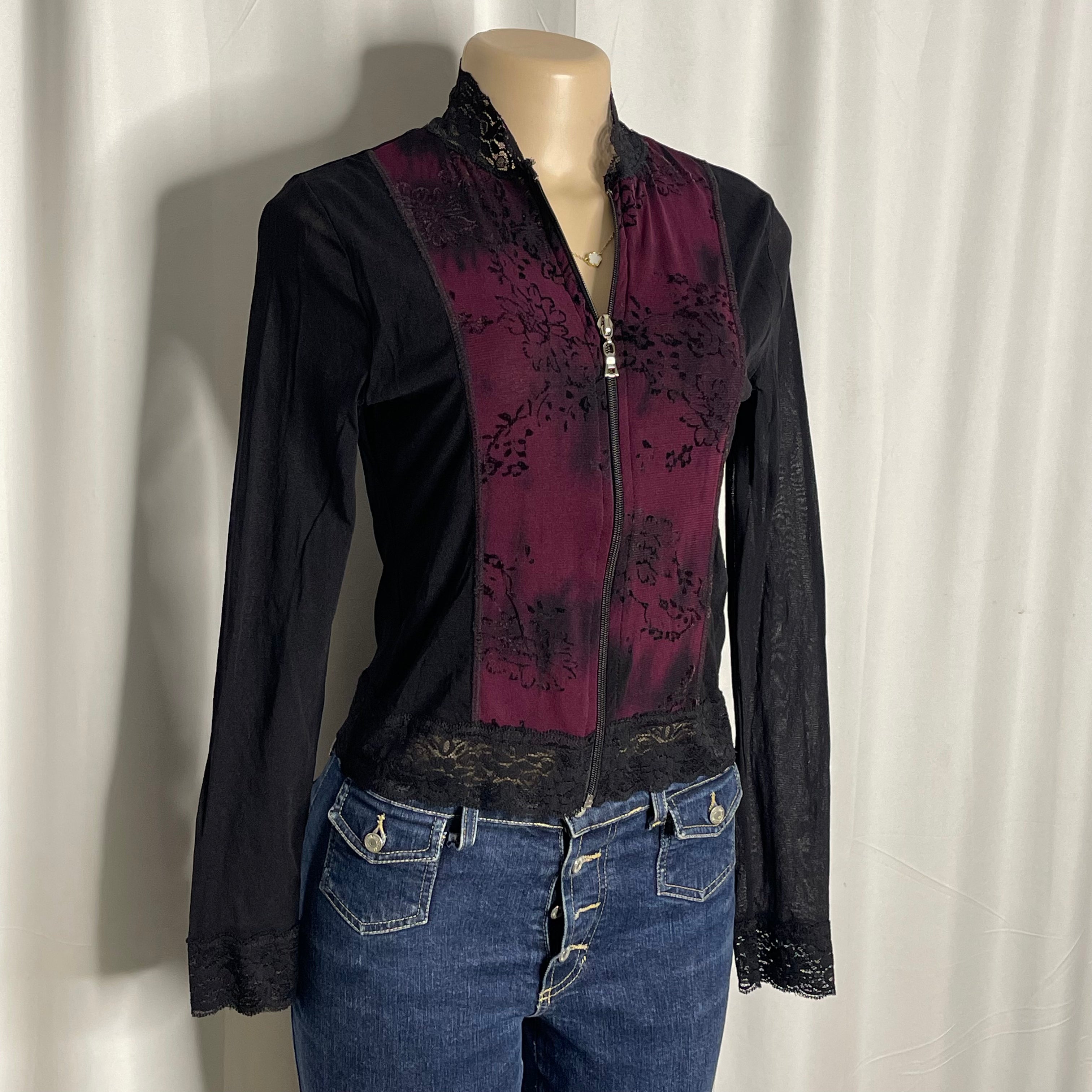 Purple and black lace accented zip up mesh top