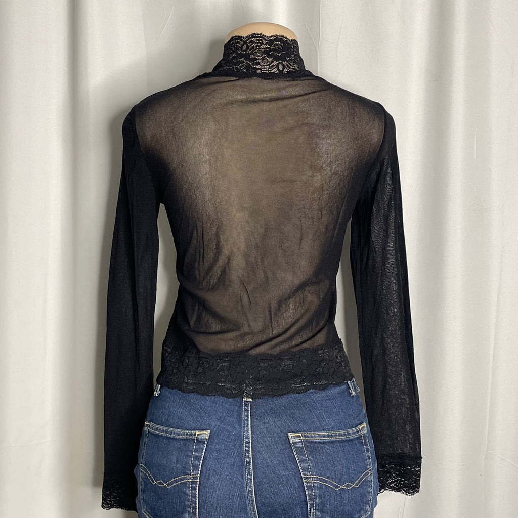 Purple and black lace accented zip up mesh top
