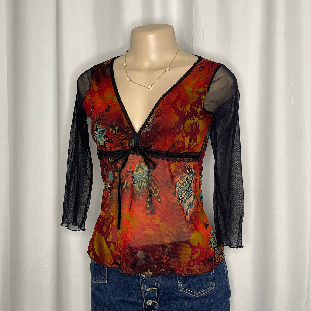 Vintage Y2K mesh top with a vibrant paisley and floral print with sheer black sleeves