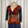 Vintage Y2K mesh top with a vibrant paisley and floral print with sheer black sleeves