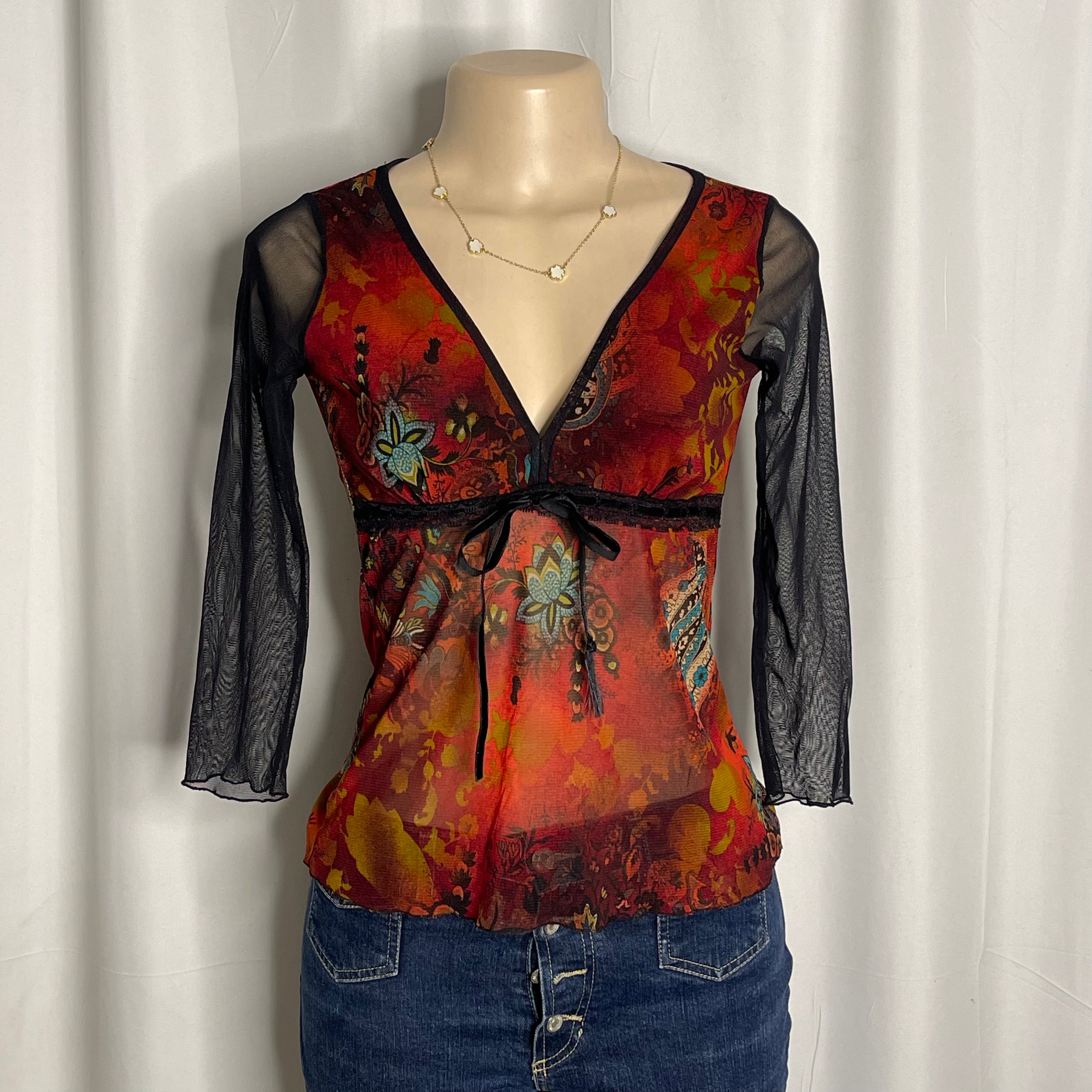 Vintage Y2K mesh top with a vibrant paisley and floral print with sheer black sleeves