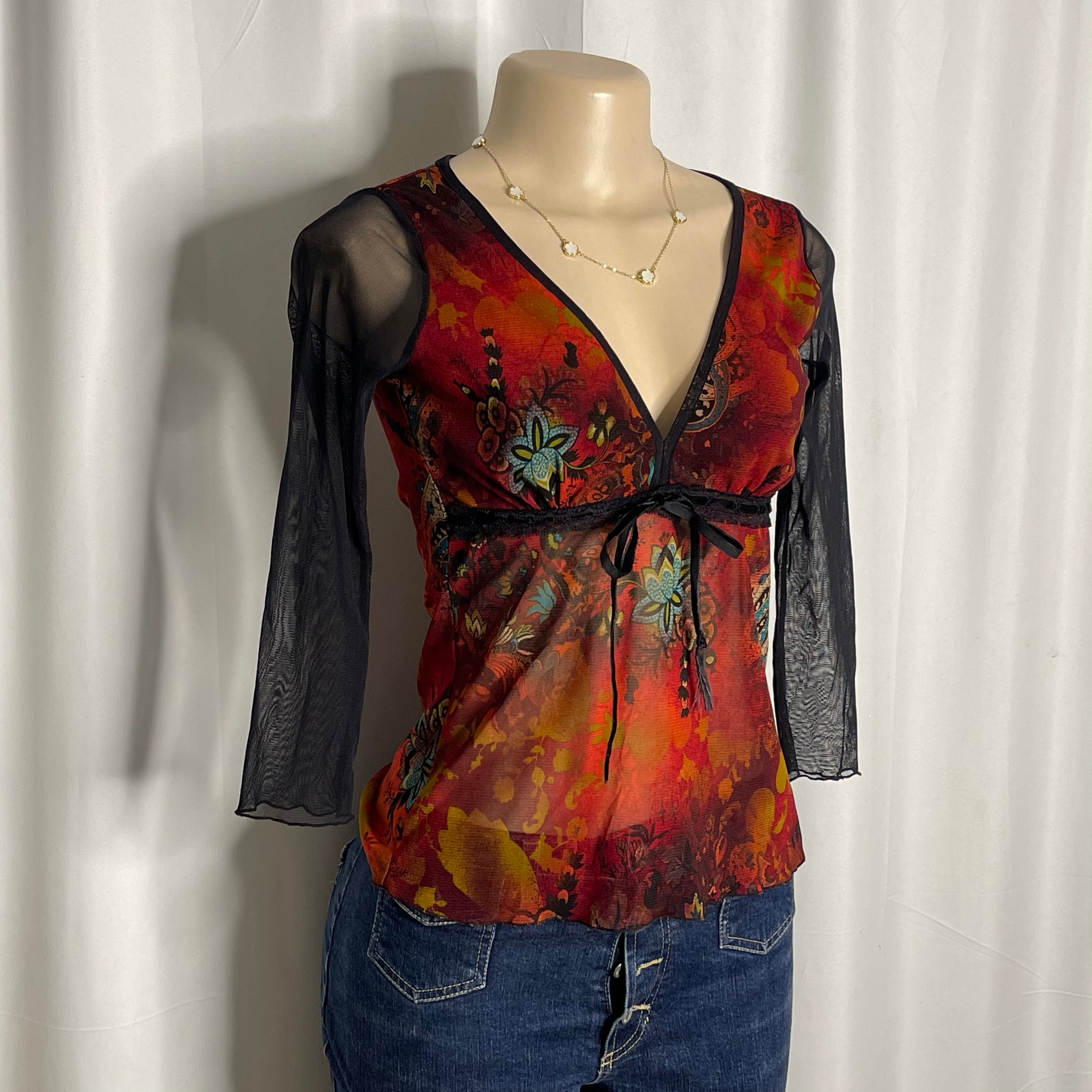 Vintage Y2K mesh top with a vibrant paisley and floral print with sheer black sleeves