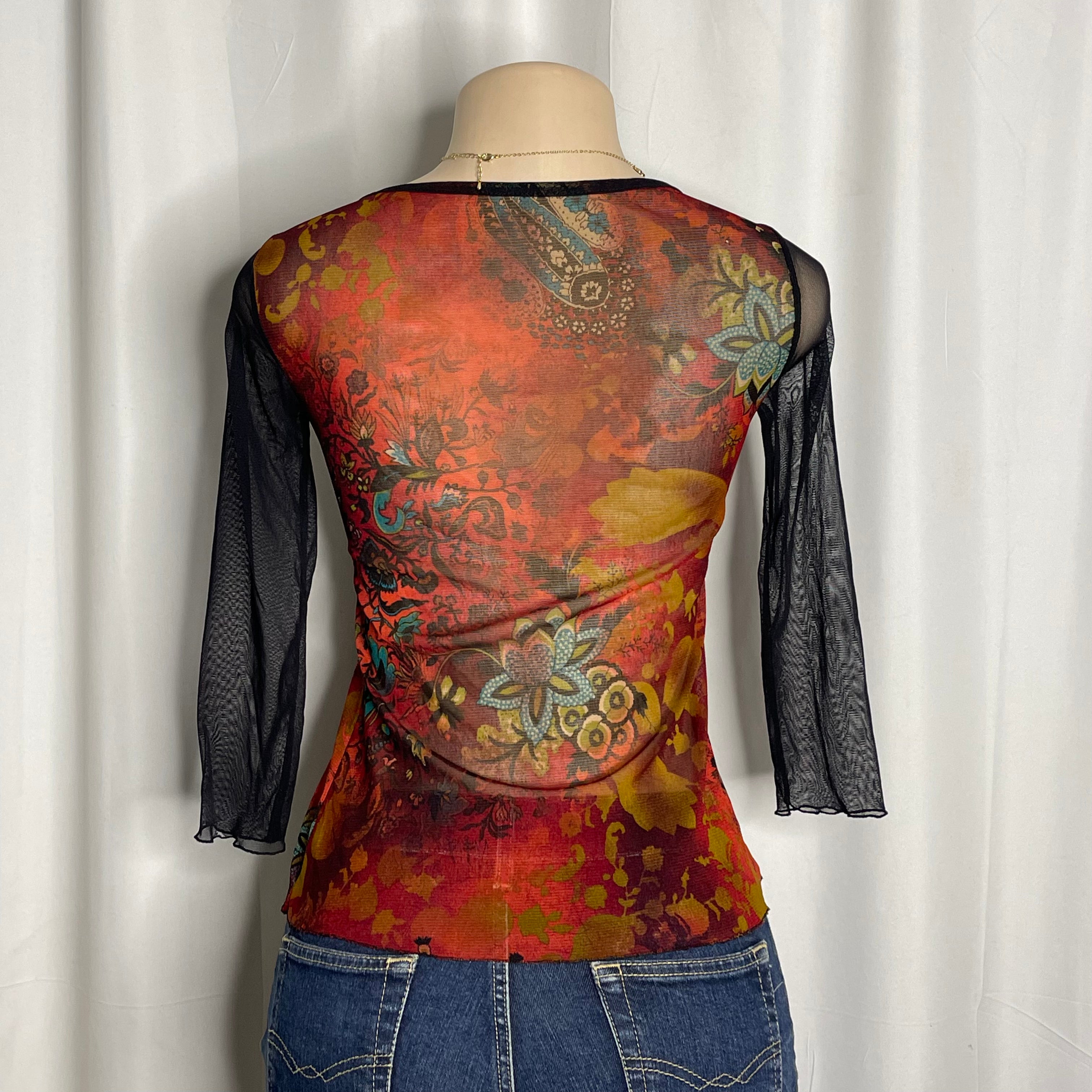 Vintage Y2K mesh top with a vibrant paisley and floral print with sheer black sleeves