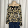 Y2K-style off the shoulder mesh blouse, abstract floral print with front tie neckline and trumpet/bell sleeves
