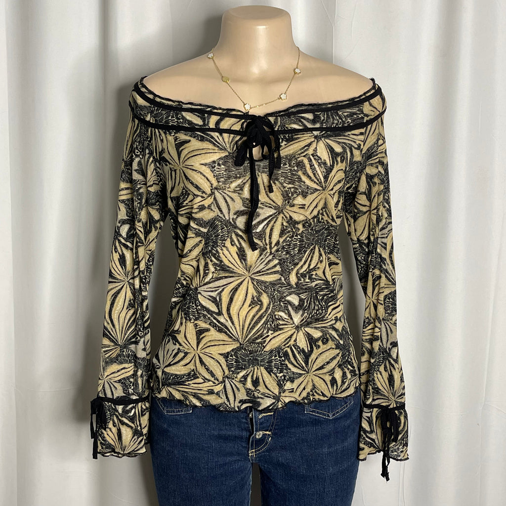 Y2K-style off the shoulder mesh blouse, abstract floral print with front tie neckline and trumpet/bell sleeves
