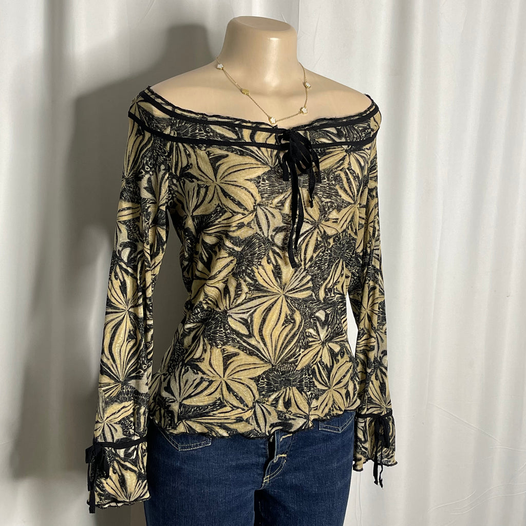 Y2K-style off the shoulder mesh blouse, abstract floral print with front tie neckline and trumpet/bell sleeves