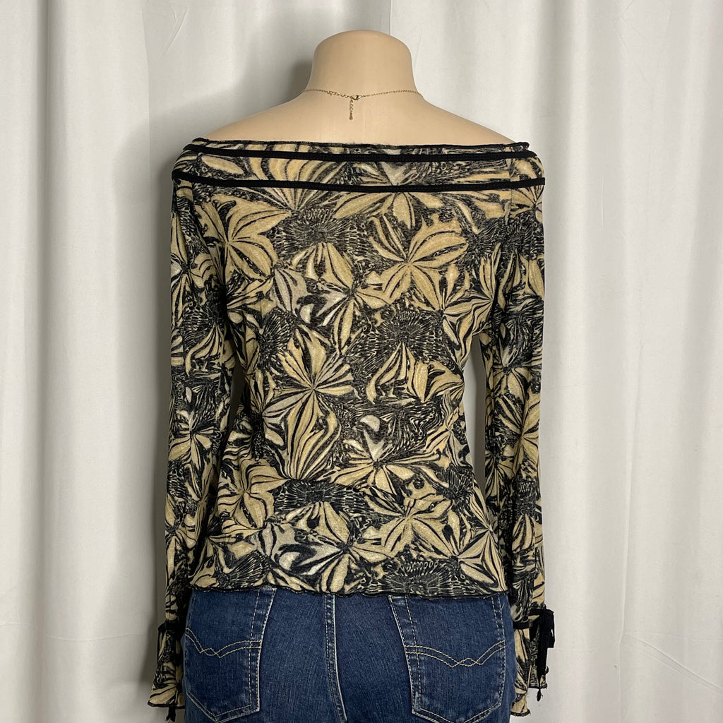 Y2K-style off the shoulder mesh blouse, abstract floral print with front tie neckline and trumpet/bell sleeves