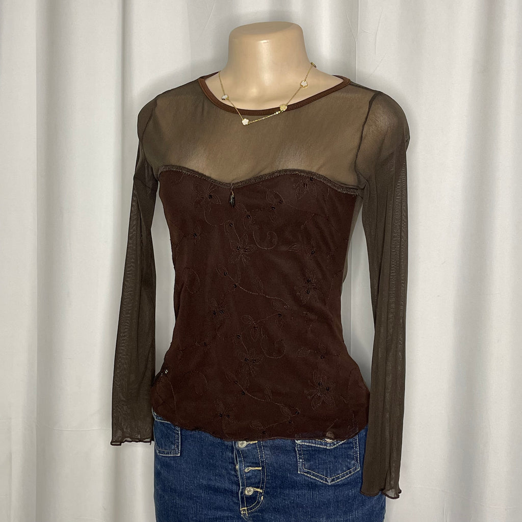 Brown long sleeve fairy core top with sheer mesh neckline and embroidered details