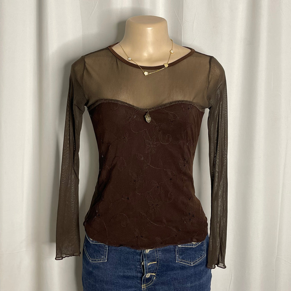 Brown long sleeve fairy core top with sheer mesh neckline and embroidered details