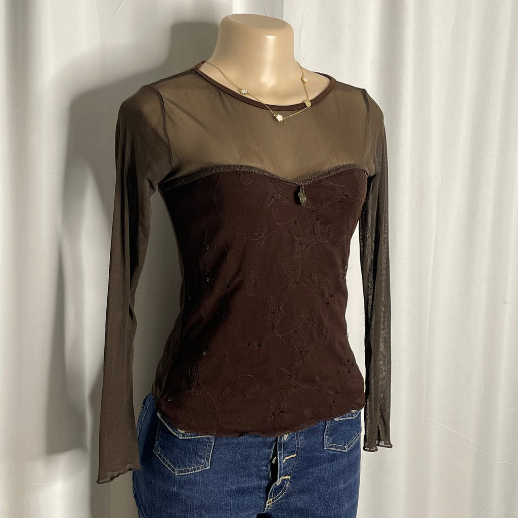 Brown long sleeve fairy core top with sheer mesh neckline and embroidered details