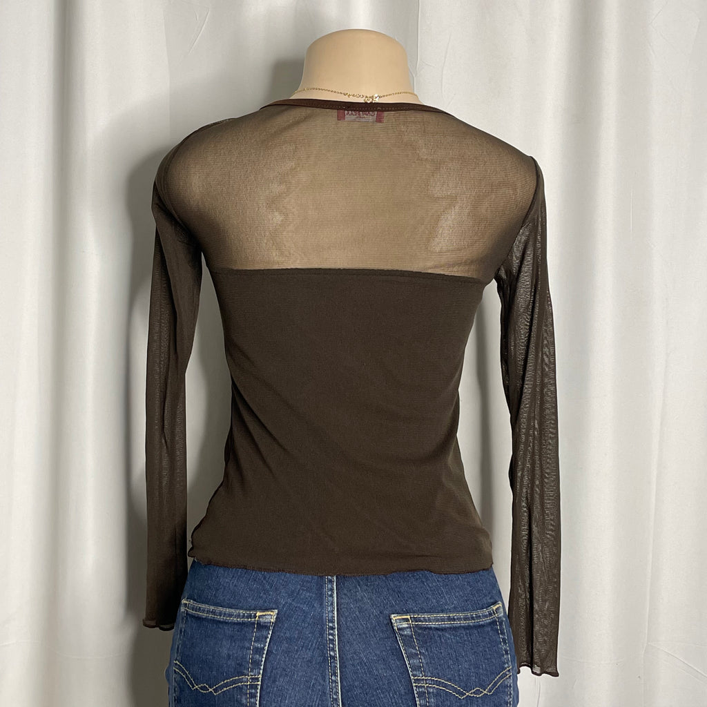 Brown long sleeve fairy core top with sheer mesh neckline and embroidered details