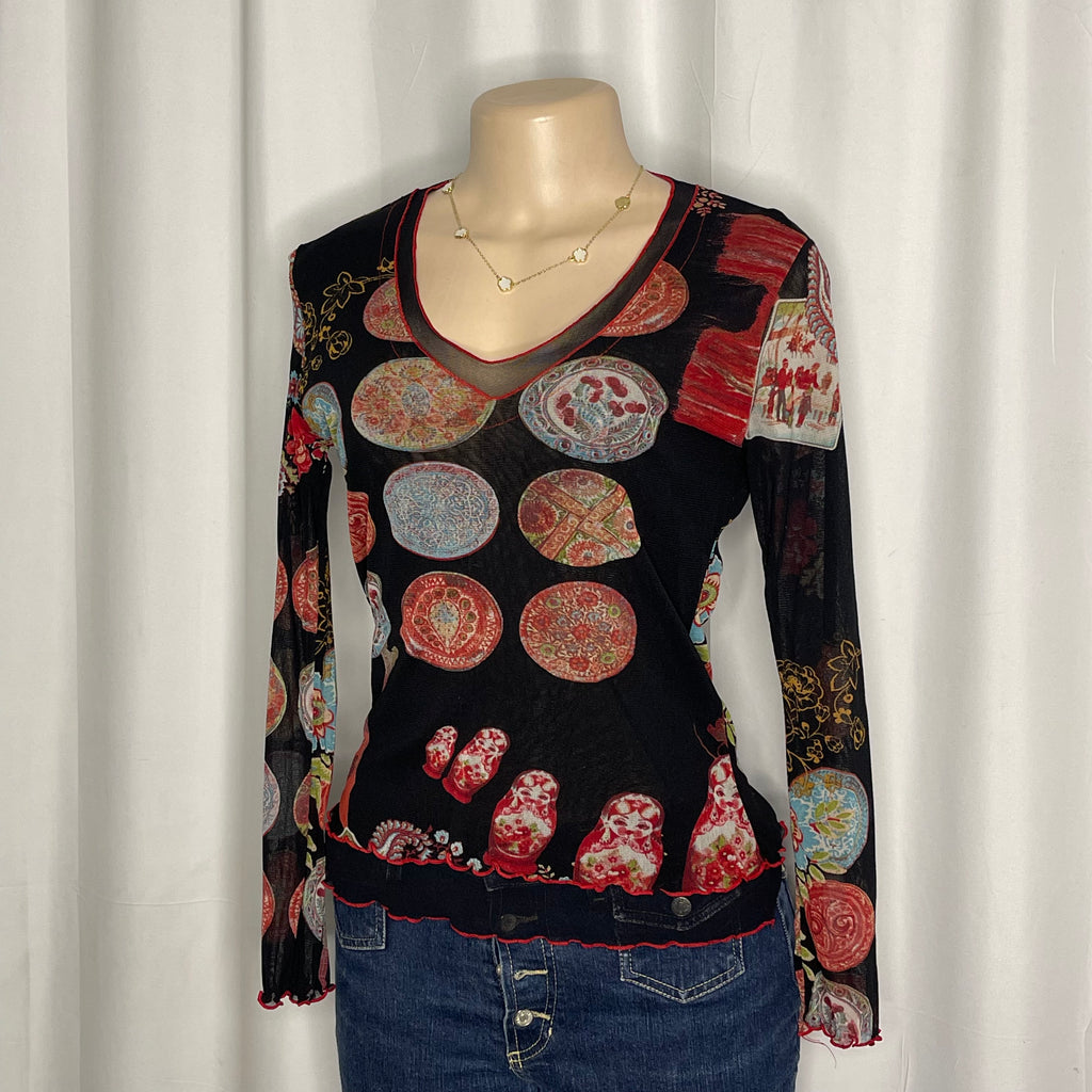 Vintage mesh long sleeves top with a russian nesting dolls graphic print