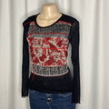 Black and red abstract floral print mesh long sleeves top