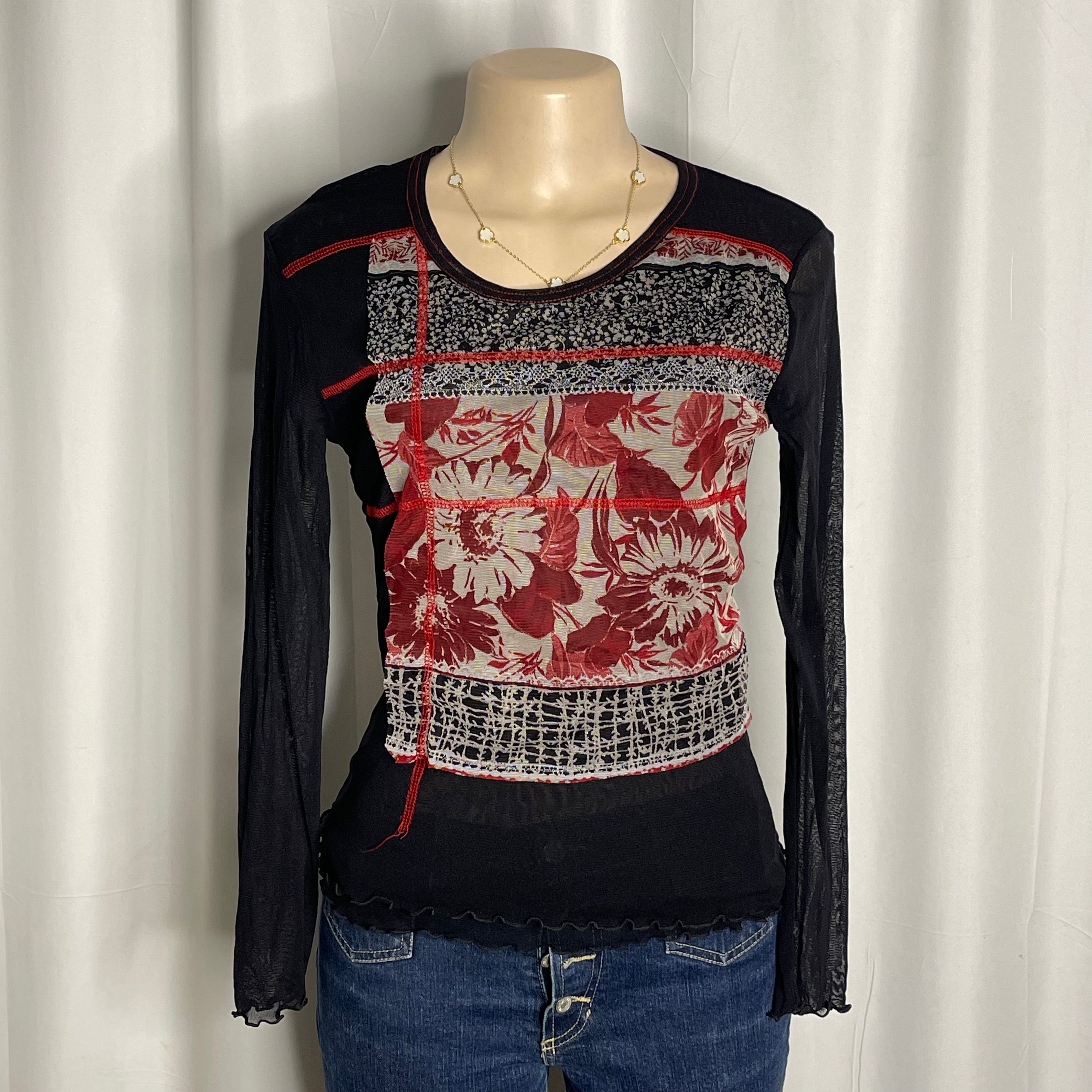 Black and red abstract floral print mesh long sleeves top