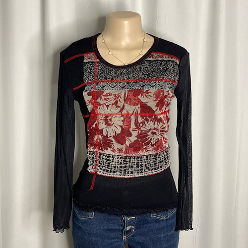 Black and red abstract floral print mesh long sleeves top