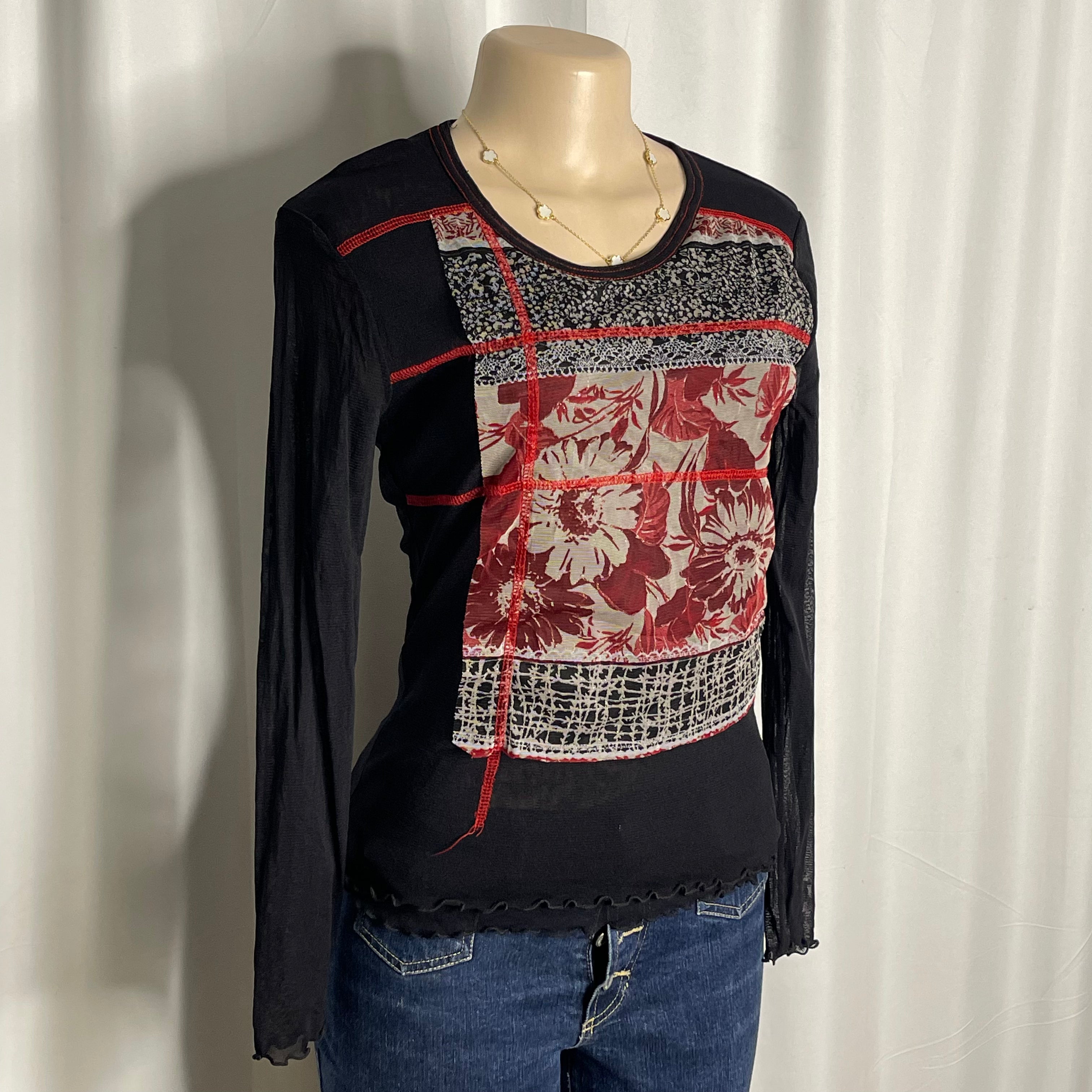 Black and red abstract floral print mesh long sleeves top