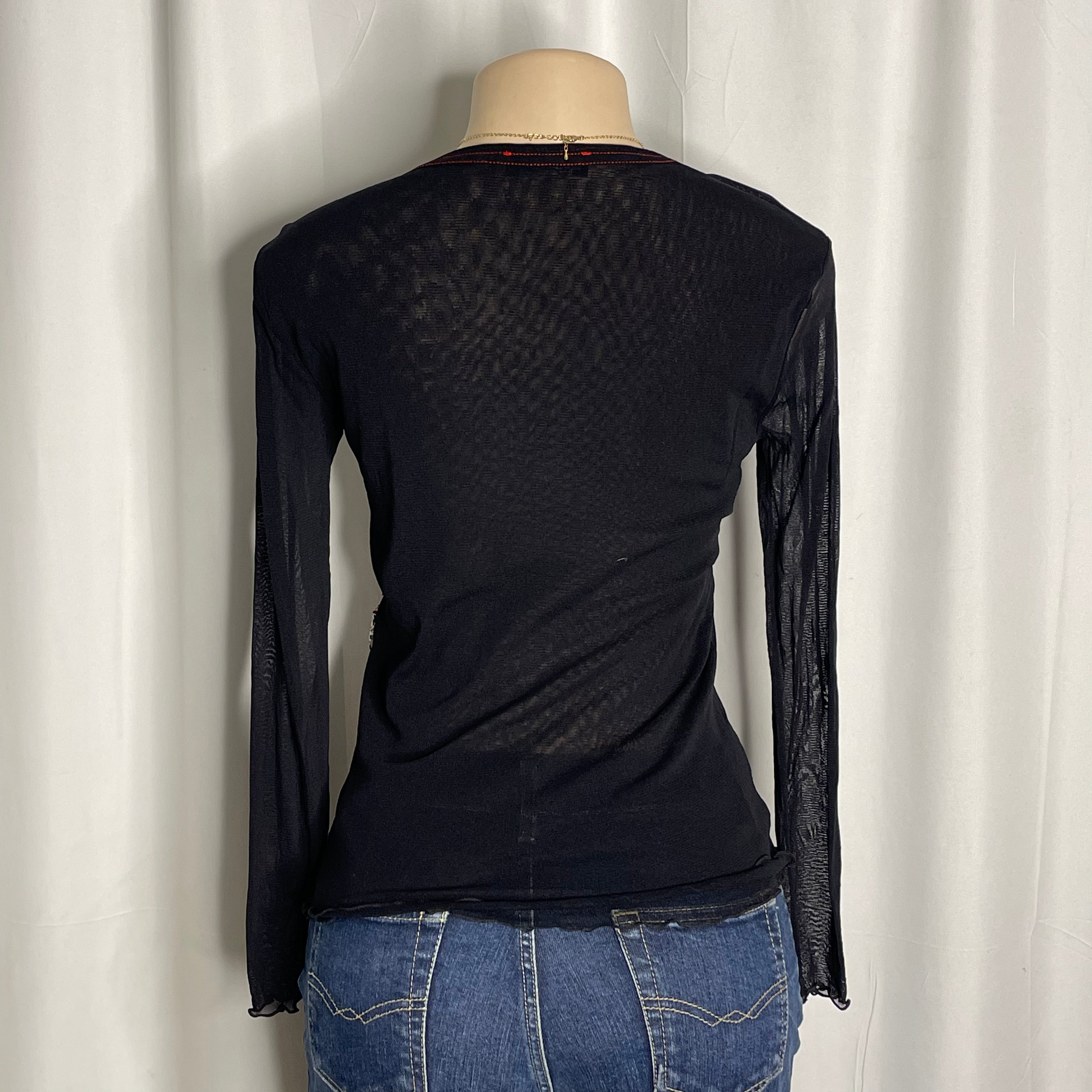 Black and red abstract floral print mesh long sleeves top