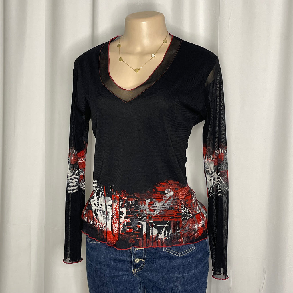Graphic print sheer mesh top