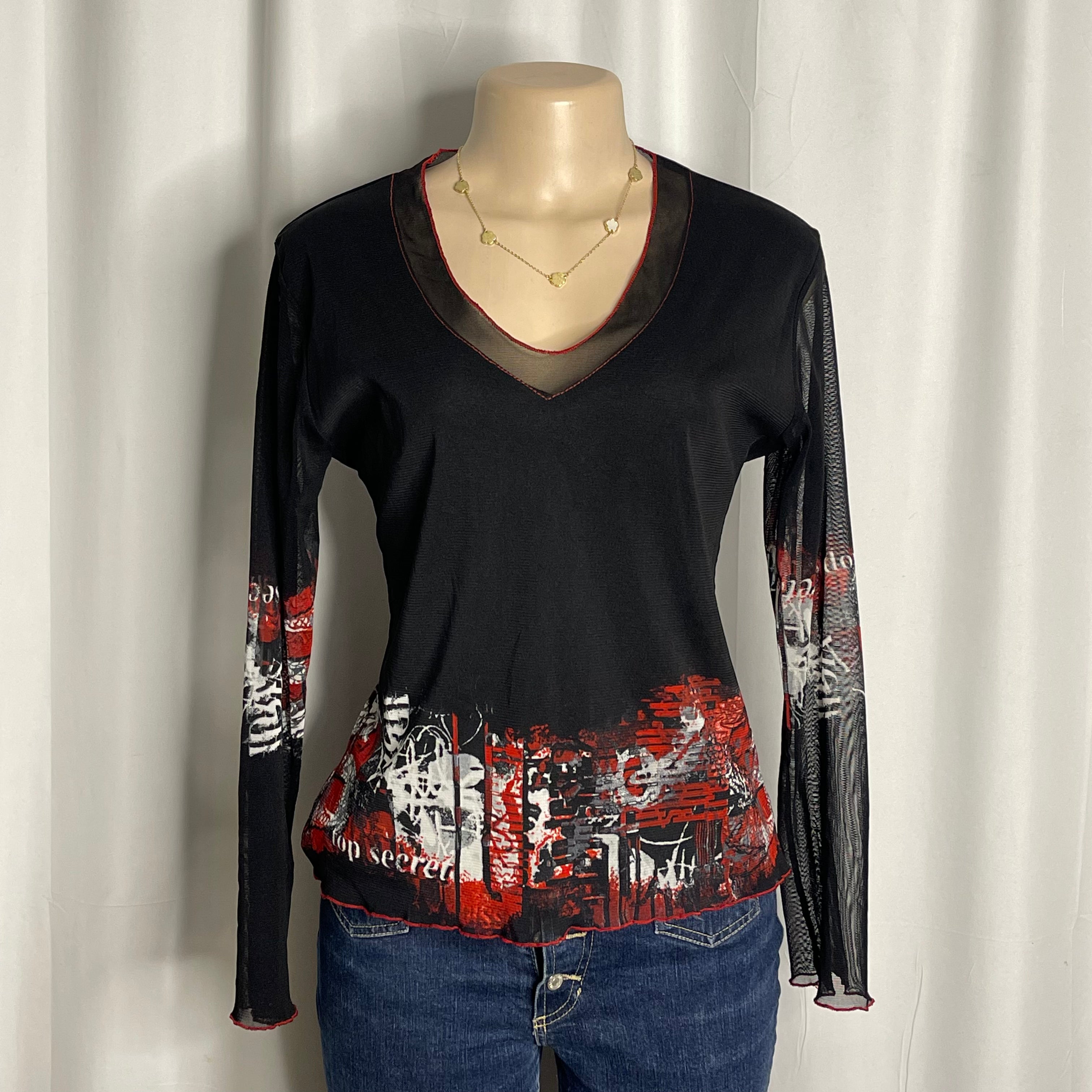 Graphic print sheer mesh top
