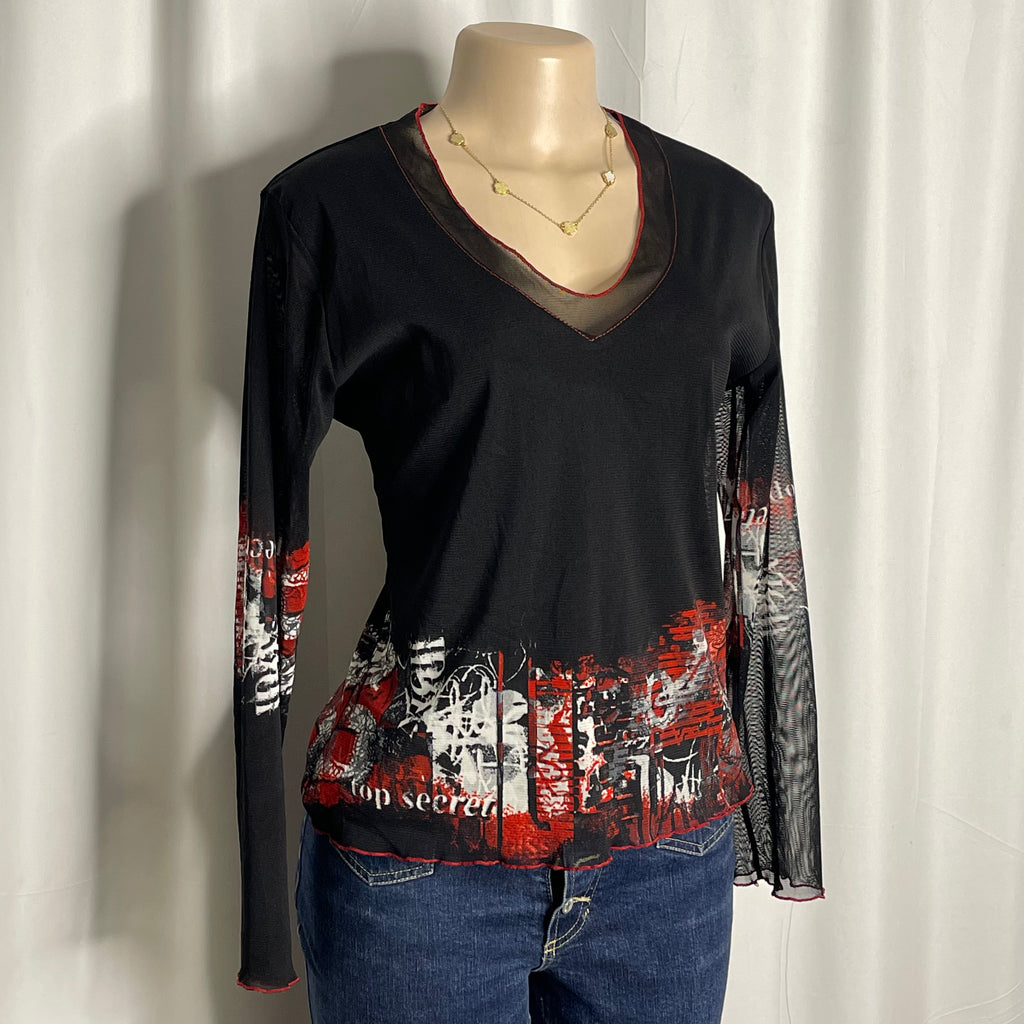 Graphic print sheer mesh top